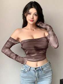 Top de manga larga con hombros descubiertos, de malla transparente con efecto tie-dye, para salir, festivales y verano, top con hombros descubiertos, ropa de vuelta al colegio - Marrón - Ver 3