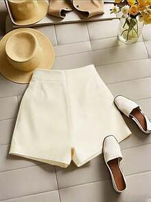 Shorts decorativos de unicolor elegante francés, amarillo claro, adecuados para el trabajo, el transporte, las fiestas, la ropa casual, las ocasiones de verano, shorts de verano para mujer - Albaricoque - Ver 2