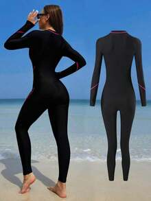 Traje de baño de una pieza deportivo con cremallera frontal y ribete de contraste de unicolor para vacaciones y playa - Rosa Fucsia - Ver 2