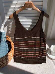 Blusa de punto de rayas azul marino casual de verano para mujer - Marrón - Ver 6