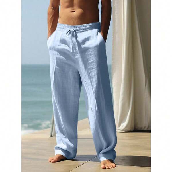 Pantalones deportivos casuales sueltos y transpirables de lino fino para hombres, adecuados para la playa, primavera/verano