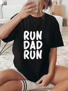 100% algodón 100% algodón purificado Camiseta divertida para maratón 5k "Corre Papá" Regalo para el Día de la Carrera Familiar Ropa de verano para mujer - Negro - Ver 6