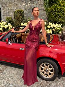 UNITHORSE Women's Sequin Patchwork Elegant Waist Cinched Evening Gown - Burgundy - View 6