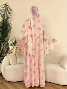 2pcs Set (Including Headscarf) Elegant Soft Floral Print Pink Abaya Cardigan Long Robe Jacket, Suitable For Gatherings, Parties, Travel, Dates - Pink - View 4