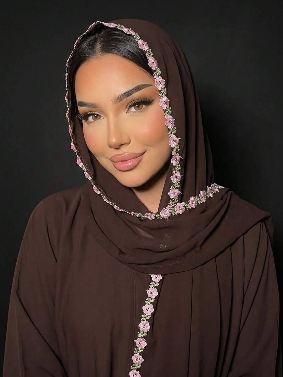 1pc Women's Chiffon Printed Embroidered Lace Trim Headscarf Scarf Shawl Suitable For Party Wedding Holiday Wear Abaya - Multicolor - View 1