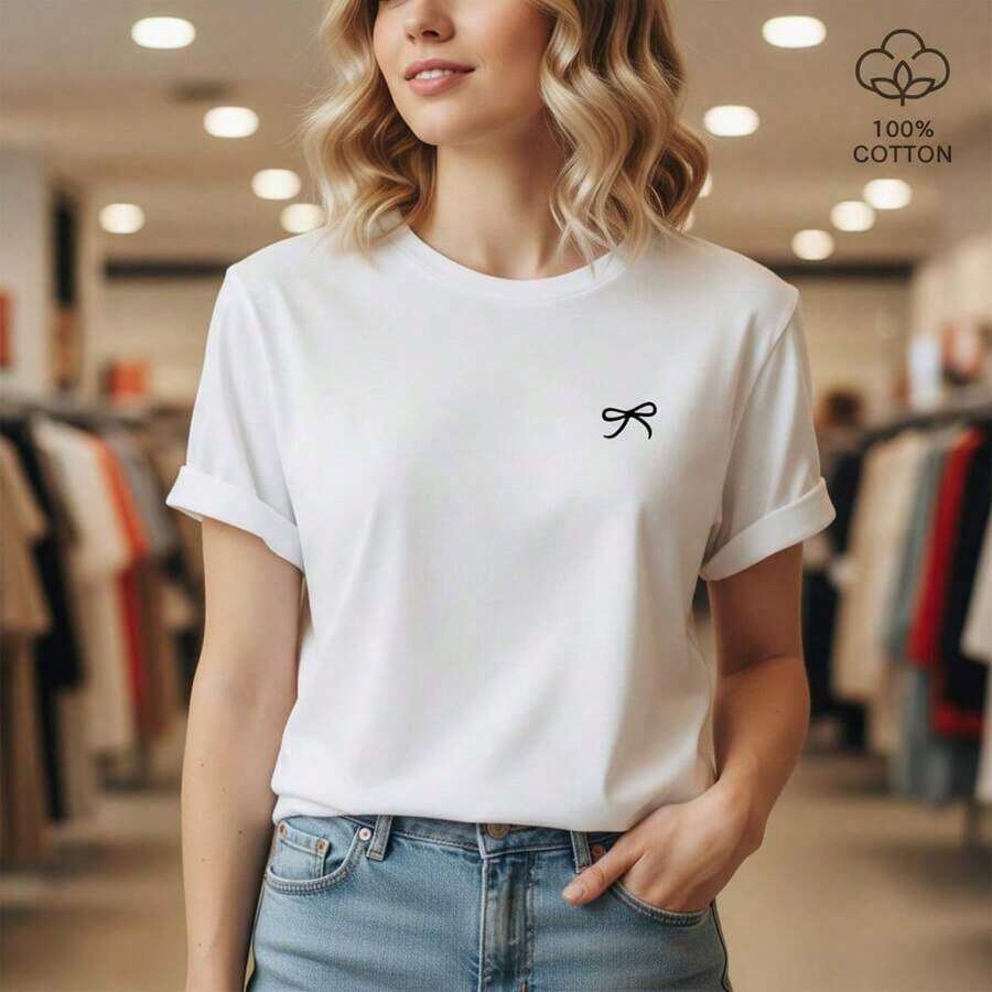 Arte Mexicano Camiseta Básica de Manga Corta de Algodón Puro para Mujer, Top Casual Clásico de Cuello Redondo con Bordado Minimalista de Lazo, Camiseta Suave y Transpirable para Uso Diario, Corte Holgado, Tallas S-5XL, Camiseta de Algodón Familiar Coordinada - Blanco - Ver 1