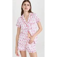 2-Pcs Women's Pajama Set Heart Print Notch Collar Short Sleeve Button-Down Top & Shorts Loose Comfy Skin-Friendly Loungewear Casual Home Dorm Wear - 10-粉紅小兔 - 查看 11