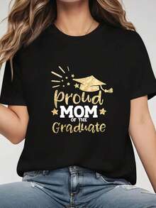 Soft.1pac.100% Cotton.[Holiday Special]Graduation Season. Proud MOM Of The Graduate Text Print Women's Round Neck Spring/Summer Short-Sleeve T-Shirt. Casual Summer - 黑色 - 查看 5