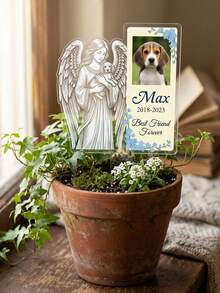 1pc Custom Photo Pet Memorial Acrylic Stake, Personalized Text Pet Grave Marker, Customizable Name & Date Dog Memorial Ornament, Angel Holding Dog Sketch Design With Forget-Me-Not Floral Border - Baby Blue - View 4