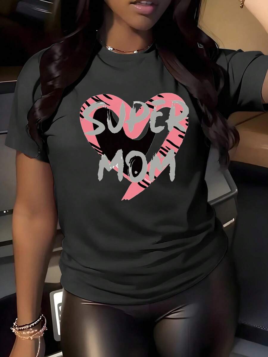 Suave, transpirable y ligera para comodidad durante todo el día. Camiseta casual con estampado "Super Mamá".| Cuello redondo suave y elástico, mangas cortas, lavable a máquina, cómodo para t - Negro - Ver 1