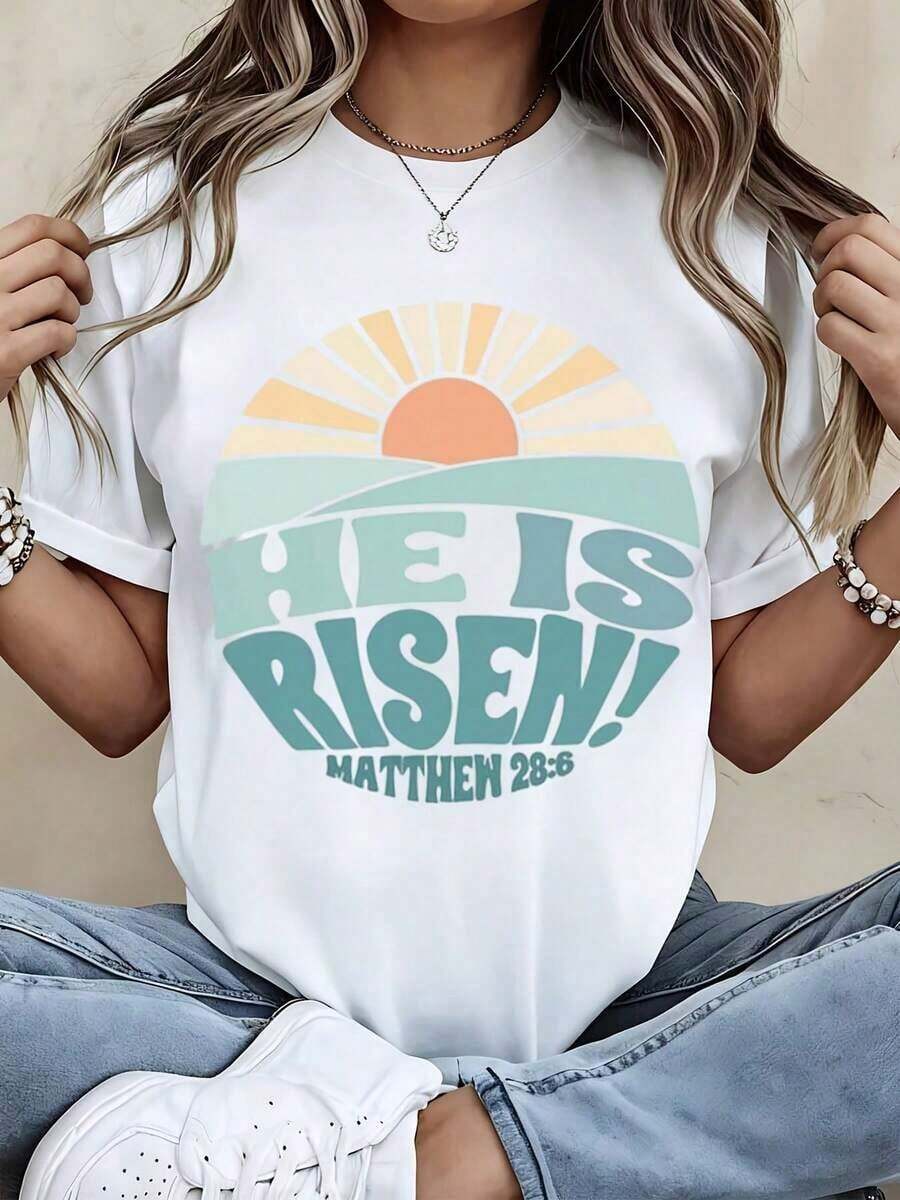 Loose Fit T-Shirt "He Is Risen" Matthew 28:6 Sunbeam Design, Easter Christian Statement Of Faith, Casual Women's Clothing - Vintage Urban Style, Unisex, Loose Fit Cotton Short Sleeve Crew Neck T-Shirt, 100% Cotton - 白色 - 查看 1