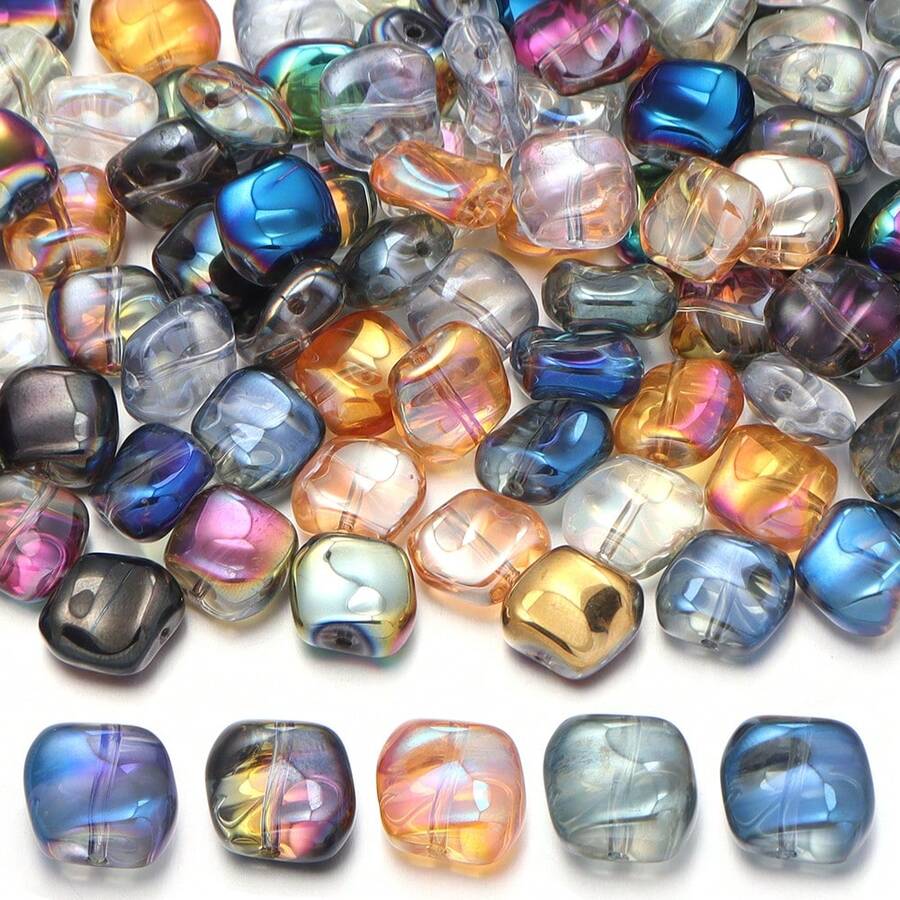 20pcs/Pack Asymmetrical Square Electroplated Glass Beads, Colorful Semi-Transparent Iridescent Glass Crystal Square Beads 12X11mm For DIY Earrings, Bracelets, Phone Charms, Jewelry Accessories