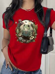 Camiseta con Estampado Gráfico de Rana Linda Leyendo un Libro, Diseño de Naturaleza, 180g, 1 Pieza, Estilo Botánico del Bosque, Camiseta Casual para Mujer, 100% Algodón, Estilo Vintage Estético - Rojo - Ver 9