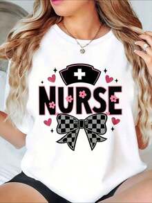 Camiseta con diseño de gorro de enfermera y lazo para profesionales médicos, con detalles de corazón y flores - Estilo vintage urbano, unisex, de algodón, manga corta, cuello redondo, 100% algodón. - Blanco - Ver 7