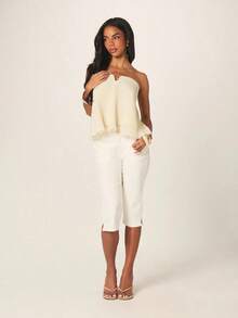 Top bandeau plisado sin tirantes con escote en forma de U y bajo con volantes fluidos para el verano - Negro - Ver 3