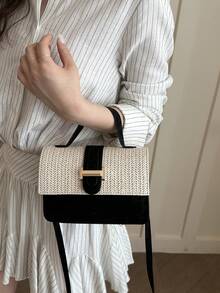 2026 New Straw Leopard Print Handbag, Fashionable Shoulder Bag, Solid Color Small Square Crossbody Bag For Women - Black - View 4