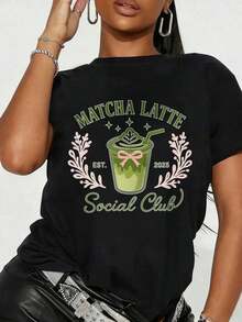 Camiseta casual con estampado frontal y trasero, moderna, de manga corta, esencial para el verano, MATCHA LATTE, EST. 2026 Camiseta Casual de Manga Larga con Cuello Redondo Estampado para Mujer - Ropa de Mujer, Ajuste Cómodo, Diseño Clásico - Negro - Ver 7