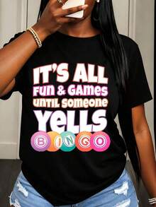 Camiseta Casual para Mujer con Estampado Gráfico de "Diversión y Juegos Hasta que Alguien Grita Bingo" para Atuendo de Noche de Juegos en Grupo - Negro - Ver 6