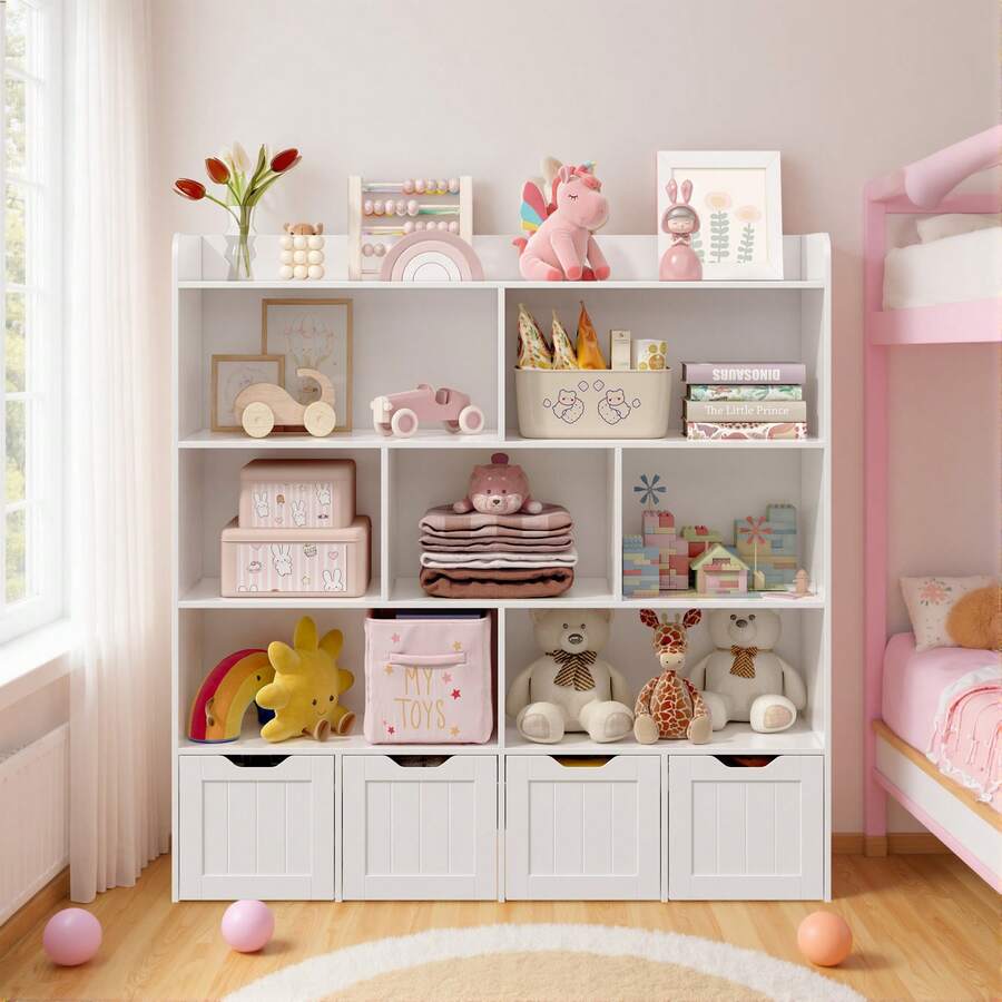 Bealife Multi-Functional Kids Toy Organizer Bookshelf, Wooden Cubby Storage Unit With 4 Removable Drawers, Large Capacity Open Cubby Shelves For Playroom, Nursery, Classroom,Bedroom Organization, Daycare, Daily Essentials - 白色 - 查看 1