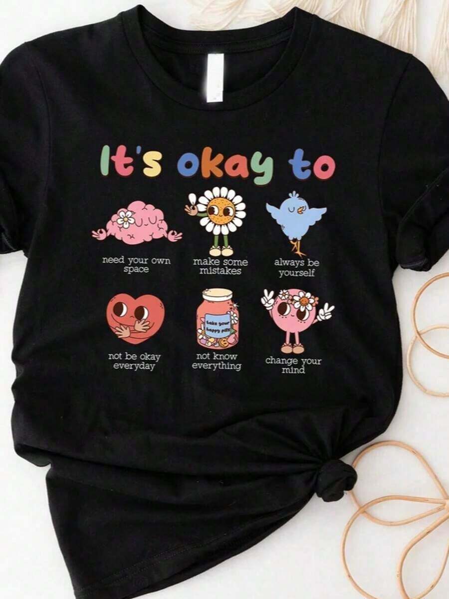"It's OK To Feel This Way" T-Shirt, Mental Health Awareness T-Shirt, "Feelings Matter" T-Shirt, Therapeutic Support T-Shirt, Summer T-Shirts For Teens, Oversized T-Shirt For Women, Short Sleeve Crew Neck Loose Fit T-Shirt For Women, Suitable For Summer, 100% Cotton. - 白色5 - 查看 1