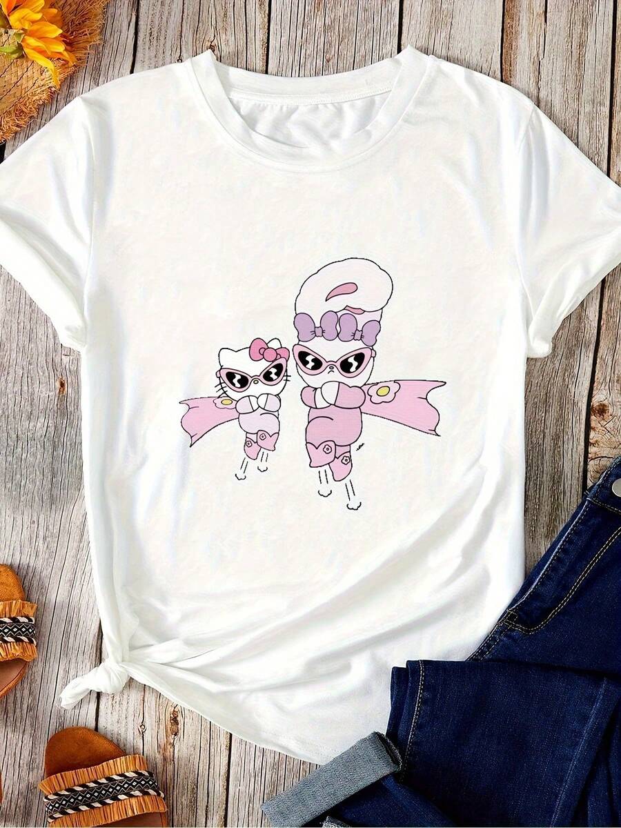 Camisetas de Algodón Oversize para Mujer 2026 con Estampado de Dibujos Animados ,  y  | Linda camiseta casual de manga corta, estilo femenino, base blanca con estampados de anime en rosa y negro, perfecta para uso casual, Halloween y Navidad, conjuntos temáticos de vacaciones, ajuste cómodo, marca  Cozy Soft Simple Everyday Wear Short Sleeve Top. - Blanco - Ver 1