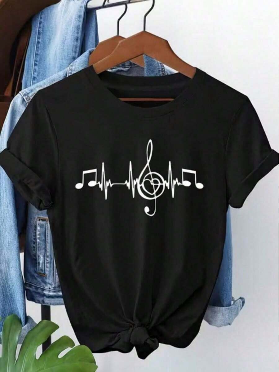 Camiseta de mujer, top casual estampado con un diseño de notas musicales y un latido del corazón sobre una pauta, mangas cortas deportivas, adecuada para uso diario informal y vacaciones. - Negro - Ver 1