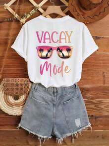 Gafas de Sol TrendyVacay Mode, Camiseta con Diseño de Palmeras y Atardecer, Vacaciones de Verano, Uso Diario - Blanco - Ver 3