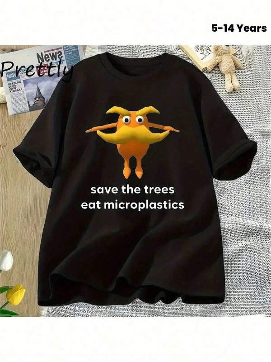 Camiseta informal holgadaYoungsters' Microplastic-Free Graphic T-Shirt - Funny "Save Trees, Eat Microplastics" Slogan, Soft Cotton Crew Neck Short Sleeve Tee, Machine Washable Casual Statement Top For Teens & Youth, All-Season Comfort, Cute Shirts For Teens, Youth Fashion, Playful Design, Medium Elasticity Fabric, Nontransparent Material,Camiseta estampada de verano, cuello redondo, informal y versátil, ideal para el día a día, viajes o vacaciones, apta para niños, niñas y adolescentes, diseño unisex. - Negro - Ver 1