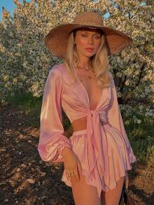 Conjunto mujer blusa manga larga con lazos y pantalones cortos estilo francés - rosa - Ver 8