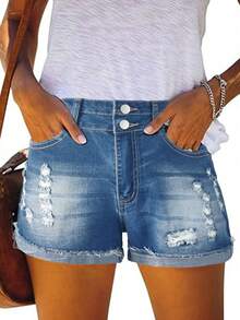 Women's Casual Denim Shorts, Button Front, Straight Leg, Medium Stretch Denim Shorts - Blue - View 2