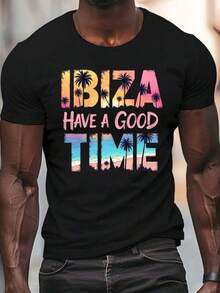 Camiseta de hombre con estampado tropical "IBIZA HAVE A GOOD TIME" - Cuello redondo casual, manga corta, top ligero de verano con diseño de palmeras coloridas. - Negro - Ver 6