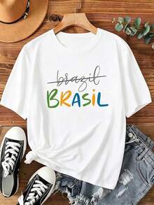 1 Piece Of Women's Oversized Graphic T-Shirt With A Brazil Design, Featuring The Colors Of The Brazilian Flag. This Casual, Loose-Fitting, Short-Sleeved T-Shirt Is Perfect For Travel And Football Fans. Made From 180g 100% Cotton, The Designs Are Fully Printed. Unisex. - 白色 - 查看 4