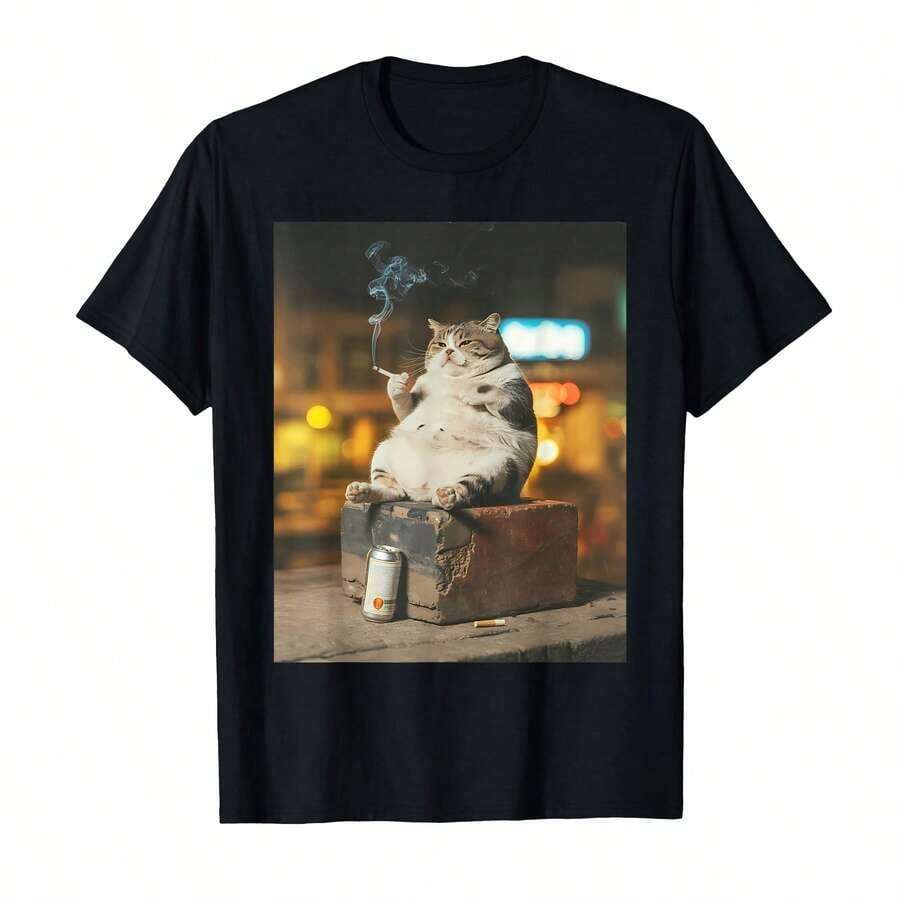 1 Calm Cat Print T-Shirt, High Quality Printed Cotton T-Shirt, Retro Style, Men's T-Shirt, Summer T-Shirt, Beach Essential, Holiday Gift, Perfect Unisex Gift, Soft, Breathable, Comfortable Fabric, Casual And Fashionable Short Sleeve T-Shirt, Perfect For All Seasons. - 黑色 7 - 查看 1