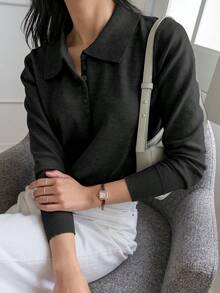 1 pieza Suéter de mujer de unicolor de manga larga, estilo casual de negocios para otoño, blusas de manga larga, ropa de mujer de otoño - Negro - Ver 1