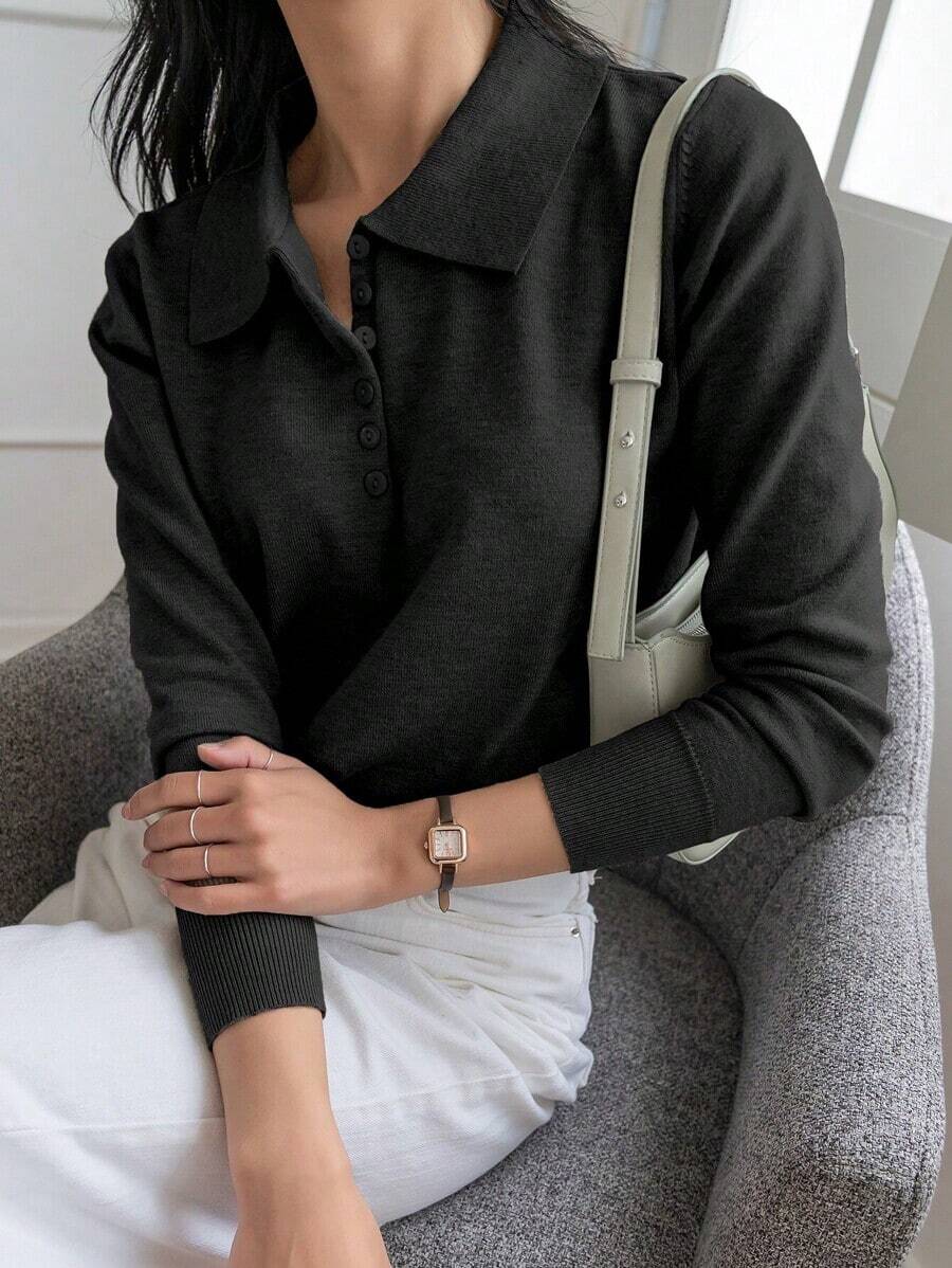 1 pieza Suéter de mujer de unicolor de manga larga, estilo casual de negocios para otoño, blusas de manga larga, ropa de mujer de otoño - Negro - Ver 1