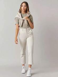 BASICS Blusa de mujer de unicolor con cuello mao, manga corta, de estilo sencillo y casual - Gris Claro - Ver 4