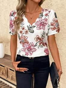 Blusa con mangas abullonadas y borde en forma de vieira, blusas de manga corta - Multicolor - Ver 3