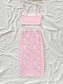 Conjunto de 2 piezas para mujer con vestido casual floral y top negro, adecuado para vacaciones de verano - Multicolor 5 - Ver 2