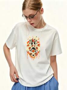 Camiseta de mujer de 180g, de gran tamaño, estampada, de manga corta, corte holgado informal, cuello redondo, con diseño de calavera, camiseta de moda de verano, adecuada para reuniones familiares, regalos para formación de equipos de empresa, top de moda 2024 - Camiseta unisex de algodón holgado de manga corta y cuello redondo, estilo vintage urbano. - Blanco - Ver 7
