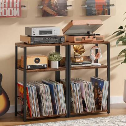 End Table With Storage, Brown Nightstand For Small Spaces,3 Tier Record Player Stand With Vinyl Storage Shelf, Sofa Couch Side Tables For Living Room Bedroom