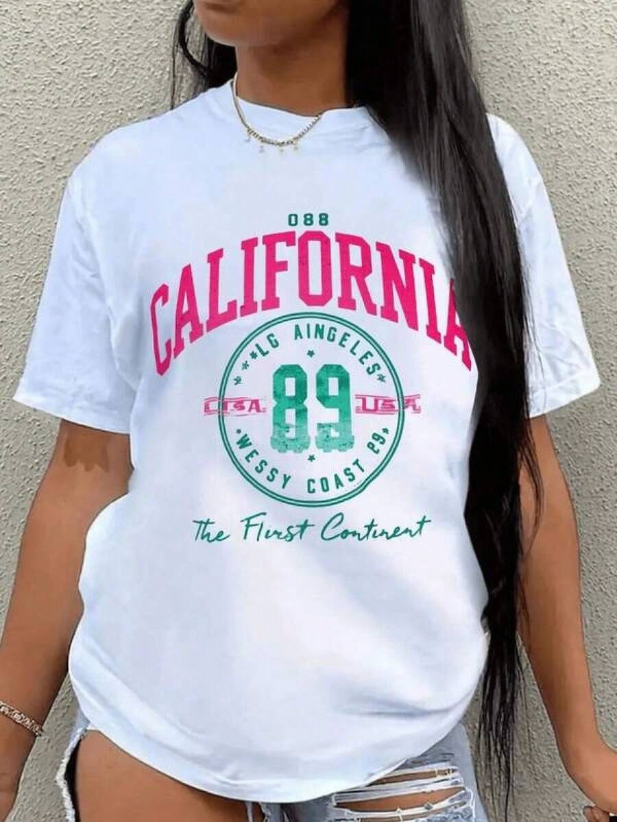 Camiseta de moda con estampado de California, de manga corta, corte holgado – Top casual de cuello redondo para mujer, corte suelto, material de algodón puro y suave, adecuada para uso diario y vacaciones, un nuevo artículo de moda de estilo urbano para el verano, enviado desde almacén local, es un excelente regalo de Navidad para mujeres, camiseta de mujer con estampado hermoso, oferta especial por tiempo limitado. ,Camisetas conmemorativas, productos de anime japonés, conjuntos para padres e hijos, artículos para el Día de San Valentín, camisetas gráficas para hombre, camisetas gráficas para mujer, camisas - Blanco - Ver 1