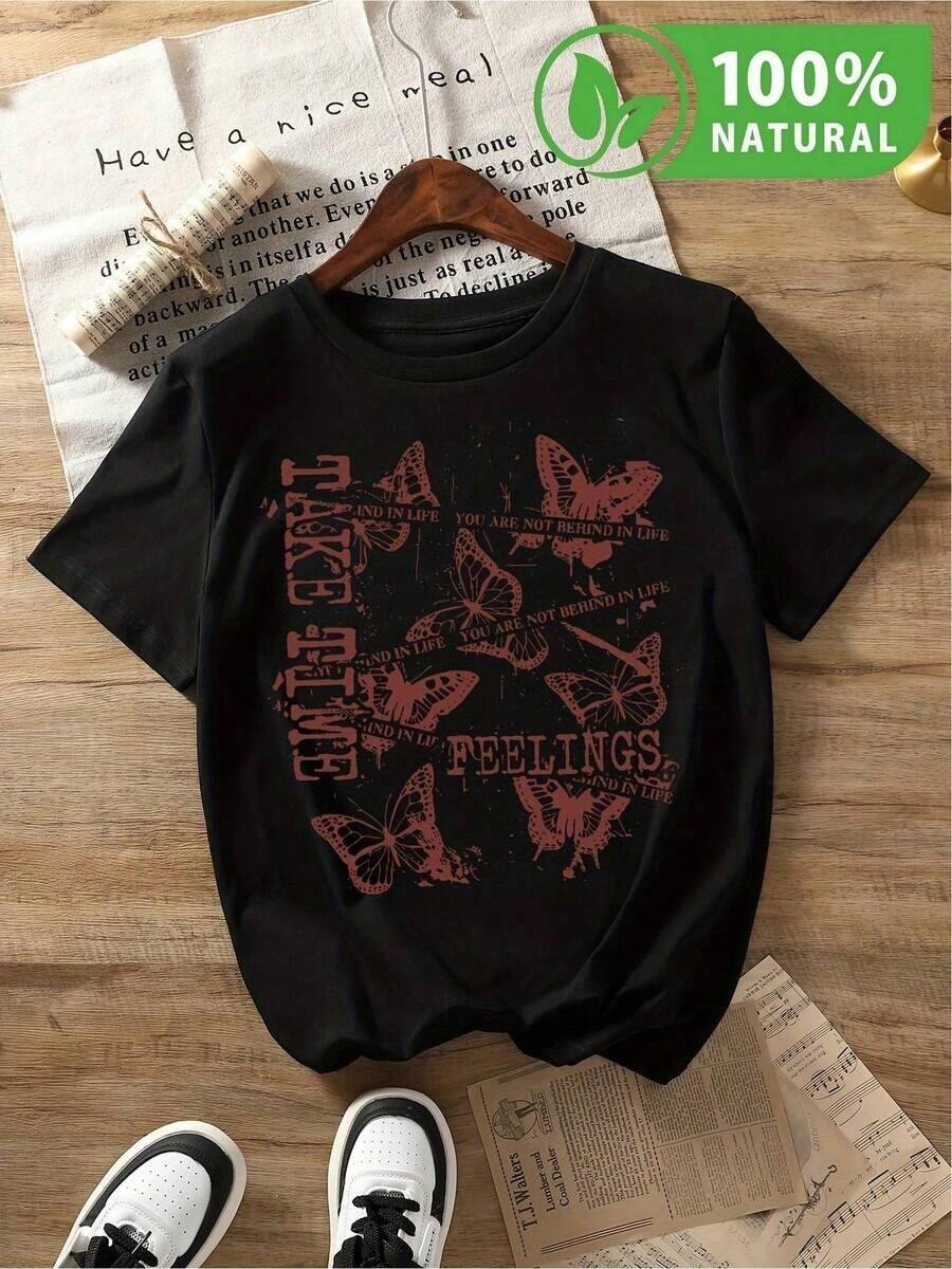 Camiseta Unisex Negra Gráfico Mariposas Retro Estilo Urbano Ideal para Verano - Negro - Ver 1