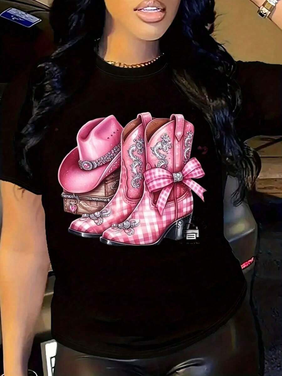 100% Pure Cotton, Women's T-Shirt With Fun Western Dance Print, Plus Size Women's T-Shirt, Breathable Short Sleeve Top With Round Neck, Cowboy Boots And Hat Design, Suitable For All Seasons, Ideal Gift For The Holidays. - 黑色 - 查看 1