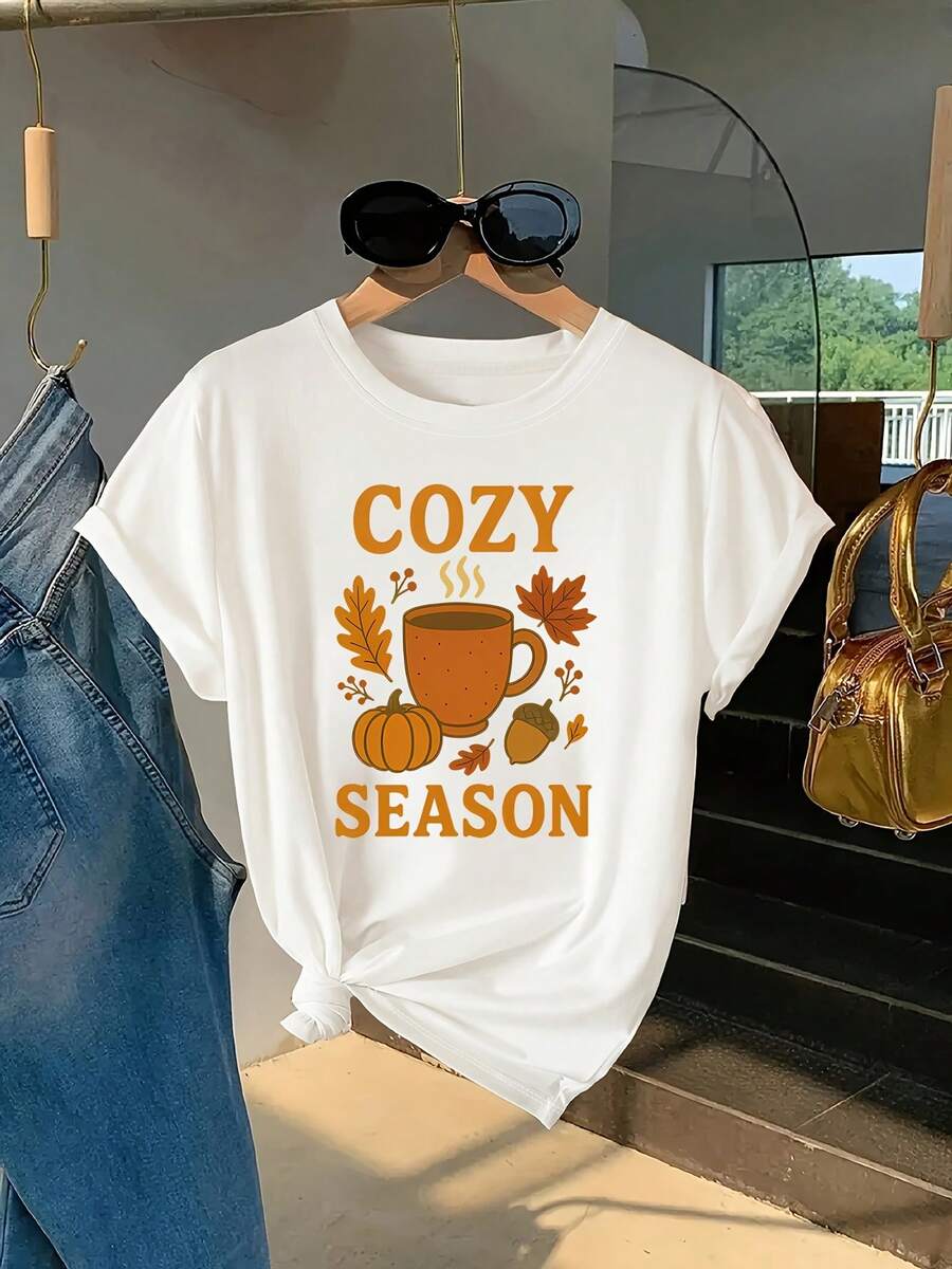 Camiseta de Mujer, Cómoda Camiseta Estacional con Estampado de Letras - Estilo Moderno y Ligera de Manga Corta con Cuello Redondo Cómodo, Ideal para Primavera y Verano - Esencial Casual de Moda, Lavable a Máquina - Blanco - Ver 1