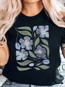 Camiseta con Estampado Floral, Diseño de Flores Azules y Hojas Verdes para Uso Casualblusa casual mujer - Negro - Ver 7