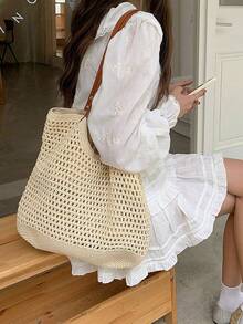 [US-Based Shipping]2026 New Large Capacity Women Tote Bag, Large Capacity Handmade Woven Bag, Women's  New Straw Bag, Beach Vacation Shoulder Bag, Commuter Tote Bag, Extra LargeVersatile Shoulder Beach Holiday Straw Woven Commute Handbag, Beach Purse, Perfect For Summer, Vacation & Daily Use, Travel Must Haves, Beach Necessities, Beach Essentials,Beach Stuff & Summer Essentials, Newest Holiday Bag, Hottest Beach Bags,Beige Hollow Out Crochet Tote Bag Large Capacity PU Strap Shoulder Bag For Women Summer Beach Vacation Daily Use,Boho Style Beige Knitted Tote Bag Hollow Out Design Large Capacity Handbag For Women 2026  Summer Beach Bag Daily Commute - 彩色 - 查看 7