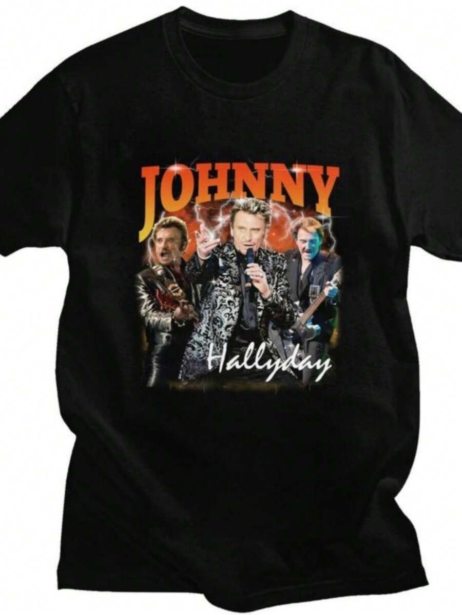 blusas para mujer Custom Johnny Hallyday T Shirt Men Women Short Sleeves 100 Cotton T-shirt Casual French Singer Rock Music Tee Tops Fashion Tshirt - Negro - Ver 1