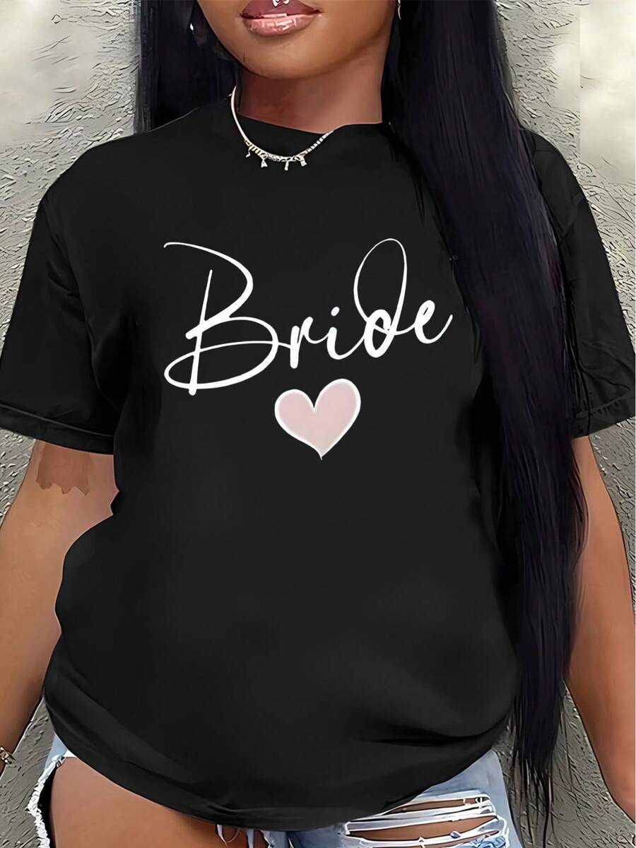 Camiseta de novia, diseño en forma de corazón, ligera y duradera, adecuada para bodas, despedidas de soltera o fiestas nupciales, ajuste cómodo para mujeres, ropa casual para ocasiones especiales.blusa casual mujer - Negro - Ver 1