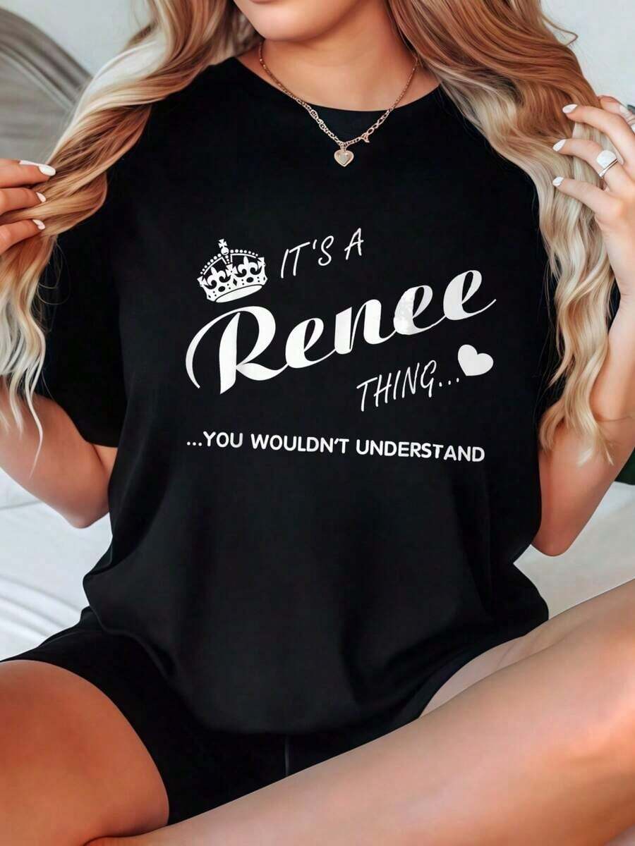 Camiseta de Mujer Casual con Cuello Redondo, Opciones en Blanco y Negro, Estampado 'It's A Renee Thing', Camiseta Gráfica para Uso Diario de Verano, Blusas de Verano, Camisetas Gráficas, Conjuntos de Verano, Camisetas Cortas de Mujer, Blusas de Mujer, Ropa Vintage de Algodón, Ropa Linda para Mujer, Playera Holgada para Mujer - Negro - Ver 1
