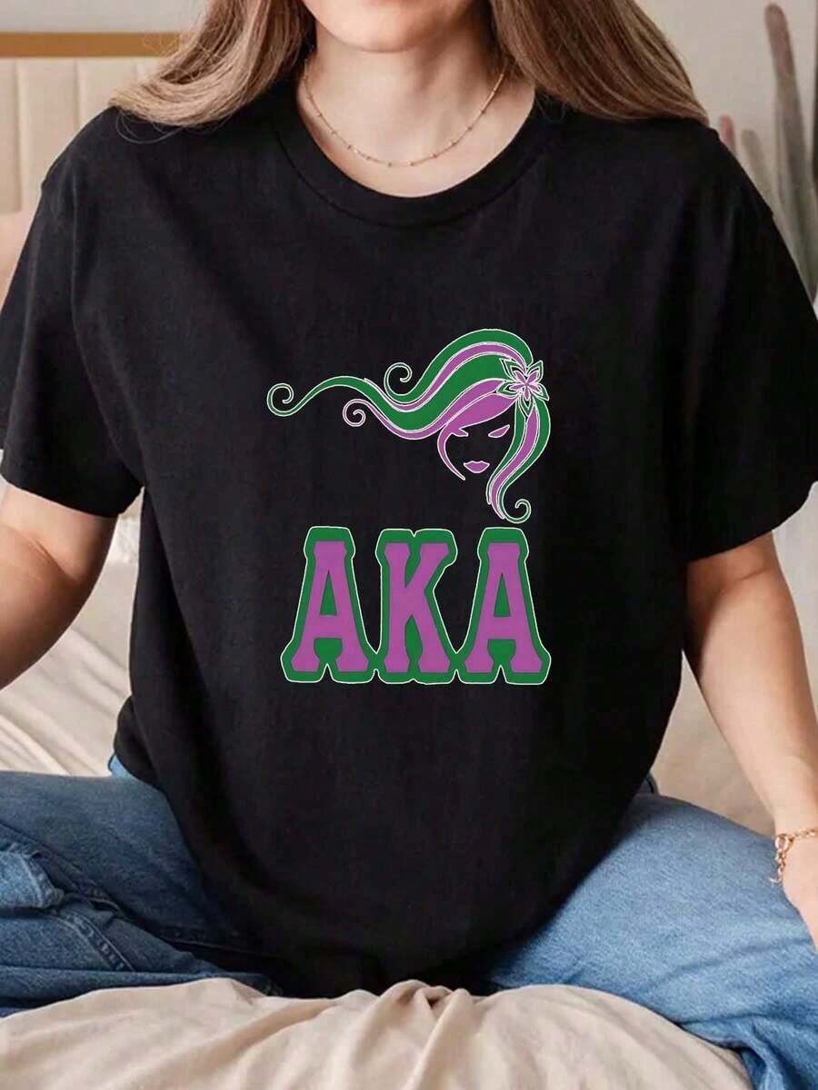 100% algodón puro, camiseta de mujer unisex con diseño de la hermandad AKA y gráfico de cabello colorido, camiseta de cuello redondo con temática AKA para eventos universitarios, fiestas y u - Negro - Ver 1
